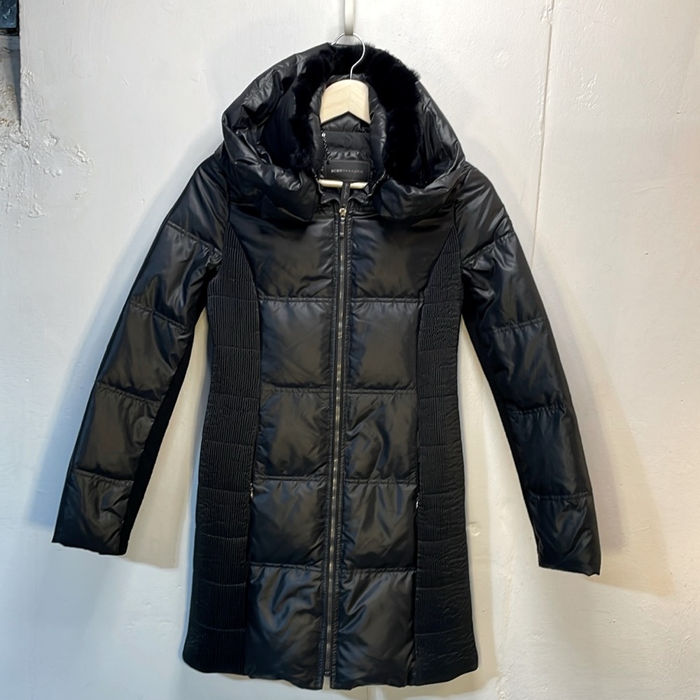 BCBGMaxazria Beautiful Black Puffer Knee Length Coat Removable Fur -XS- #0044
